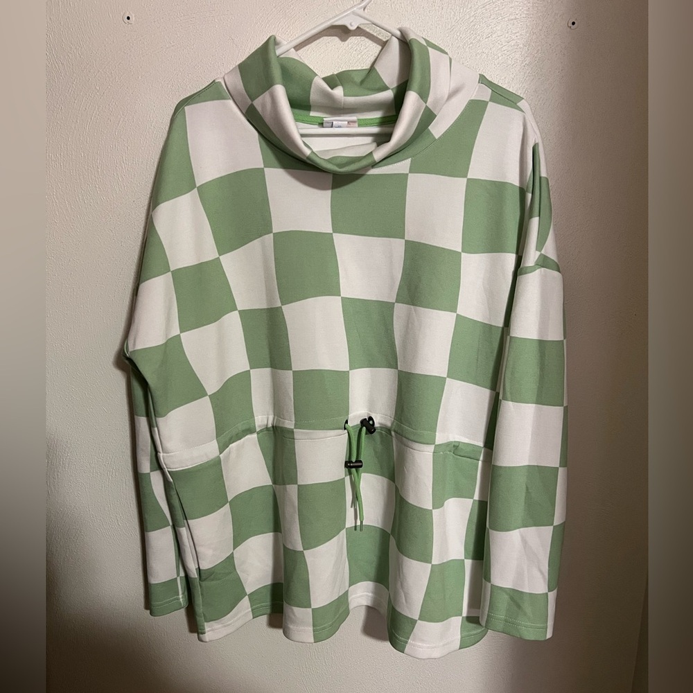 LULAROE Teresa Cinched Waist Cowl Tunnel Neck Blouse Checkered Green White Sz XL